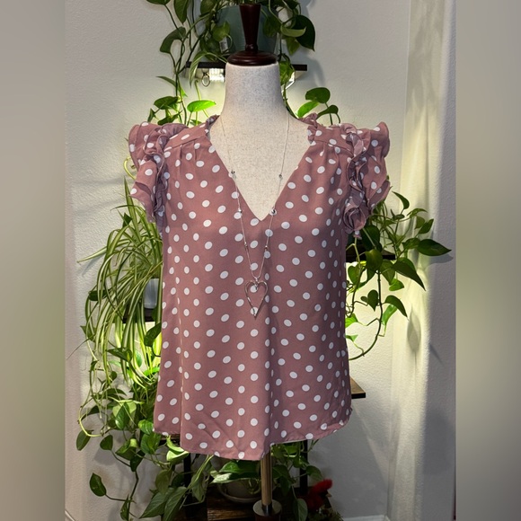 Milk & Honey Tops - Elegant Ruffle Sleeve Polka Dot Blouse - Mauve